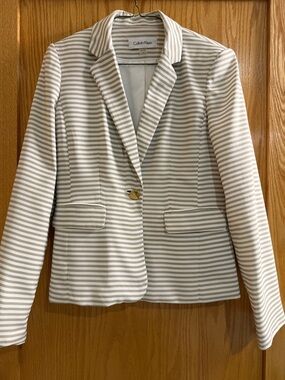 Calvin Klein Beige and White Striped Single-Button Blazer